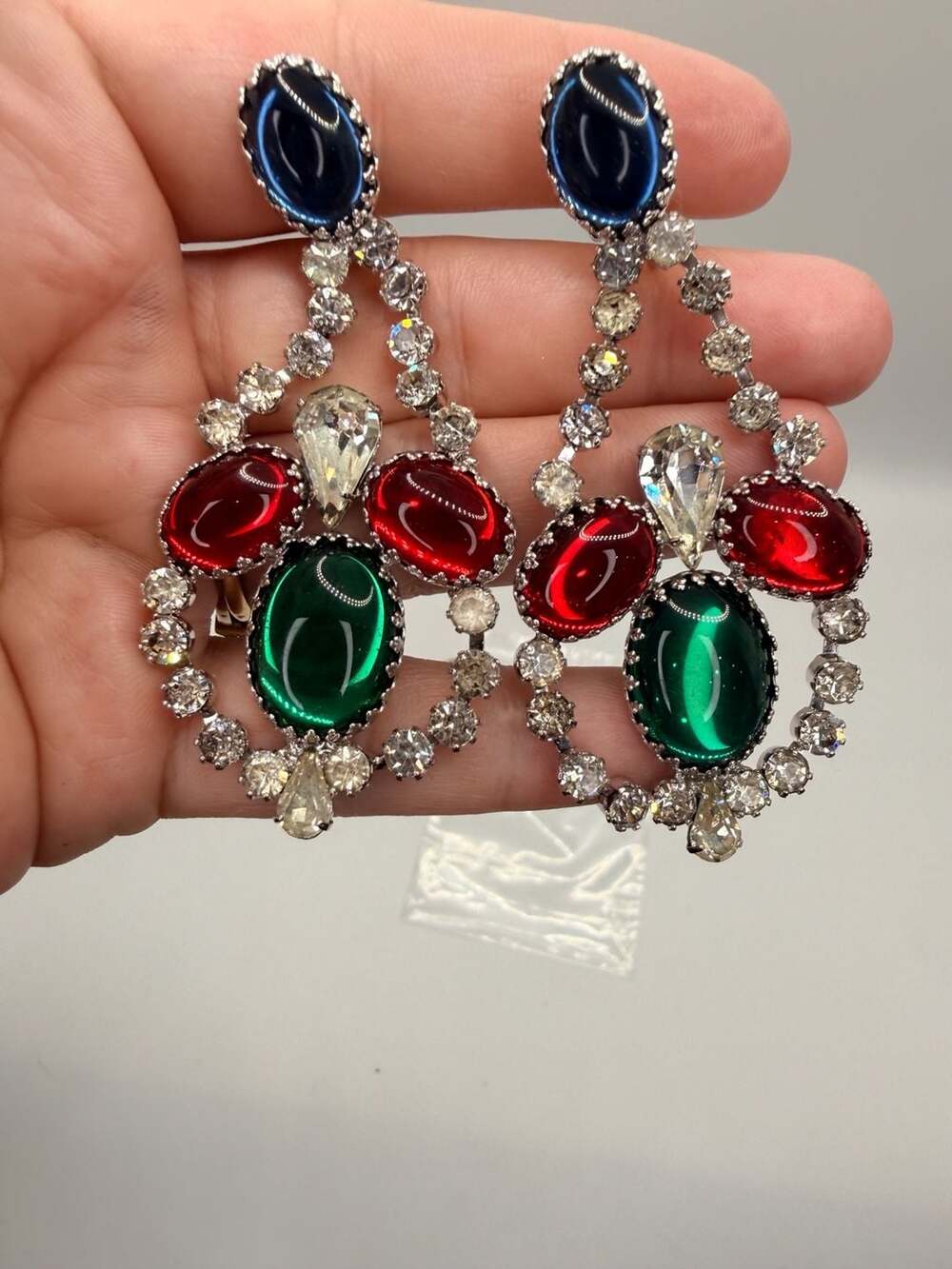 Vintage Multi-Color Rhinestone Chandelier Clip-On Earrings